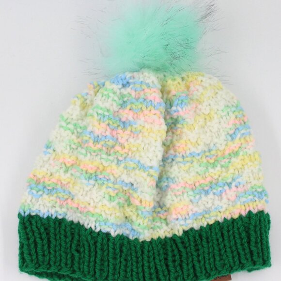 Handmade Hand Knit Pastel Pink Green Double Moss Stitch Knit Beanie Pom Pom - Picture 2 of 4